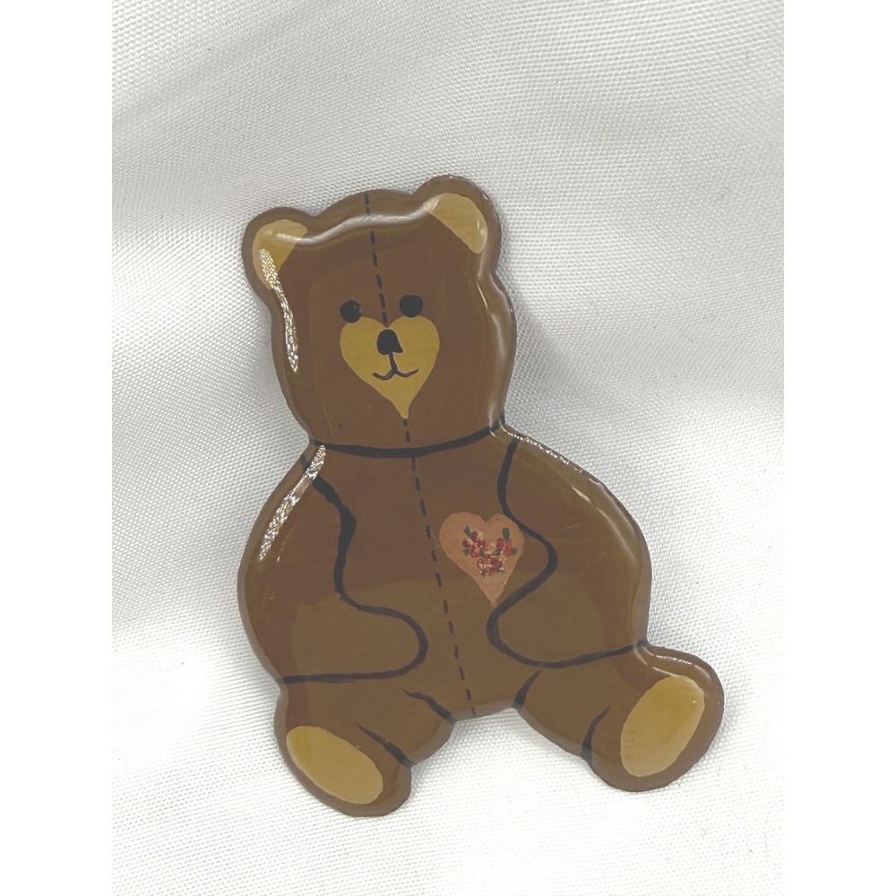 Vintage 1990 Artist Signed Hand Painted Plastic Teddy Bear Brooch Pin Gift